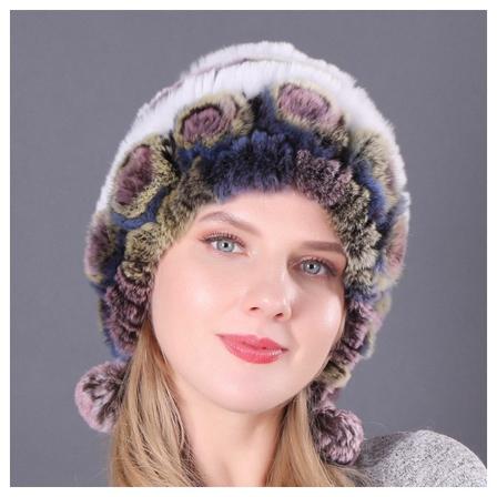 Rex Kaninpäls Beanie med Blomsterdekoration Vinterhattar Mode Mössa för Kvinnor Tjejer 17-Coffee White