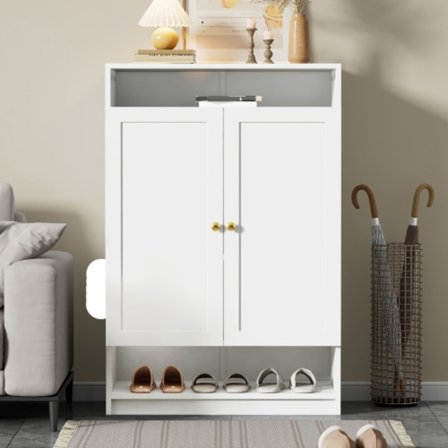 Modernt skoskåp med 2 dörrar & justerbara hyllor – elegant vit/guld skoskåp – 73×34×109 cm