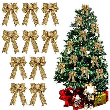 10 stk. sløjfer til gaver, julesløjfer, juletræspynt, glitter sløjfer, bånd, julepynt, 25 * 20 cm (guld)