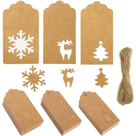100 st jul-taggar, kohudtaggar med julgran snöflinga ren form, bruna presenttaggar med jutesnöre, perfekt för DIY jul