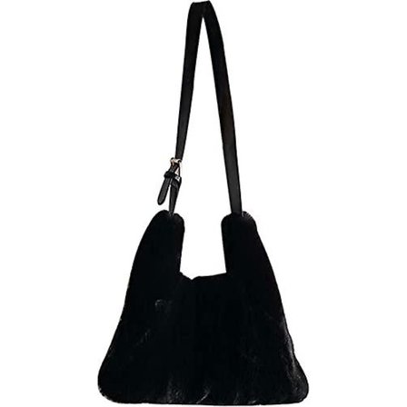 Plys Skuldertaske Blød Fluffy Tote Taske Kunstig Pels Crossbody Taske Justerbar Skulderrem Sort