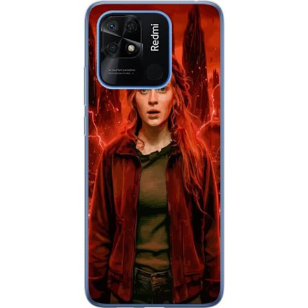 Kompatibelt Mobilskal till Xiaomi Xiaomi Redmi 10C Porträtt av en ung kvinna med rött hår i en apokalyptisk landskap, röda blixtar och mörka klip