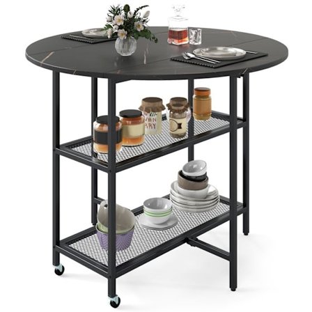 COSTWAY Foldbar Mobil Spisebord til 2 til 4 Personer - 2 Opbevaringsrum og Låsehjul Sort