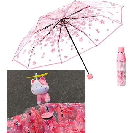 Paraply, Transparent Reiseparaply, Sammenleggbar Manuell Paraply, Sakura Kitten 3D-design, PVC-materiale, Trippel Bæring, Rosa