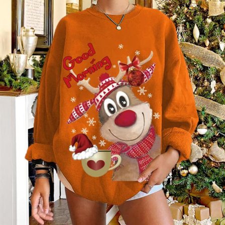 Julegenser for kvinner Varmt julestrikk Rundhalset fritidsgenser Oransje Størrelse XL