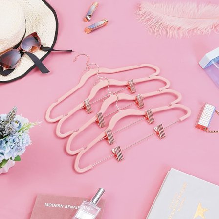 10 stk., Lyserøde 42 cm bøjler med justerbare klemmer og guldfarvet krog, skridsikker fløjlsbøjle, pladsbesparende, til nederdele