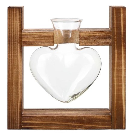 1 stk. Hjerteformet Glasvase Hydroponisk Plantebeholder Grøn Plantebeholder Blomsterarrangement med Træstativ (Retro)