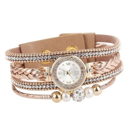 Elegant flerlags armbåndsur med strass for hverdagsbruk, rosa