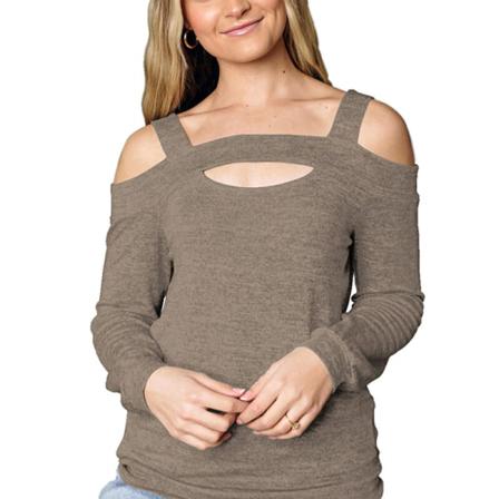Kvinnor Långärmad Kall Axel Enfärgad T-shirt Ihåliga Toppar