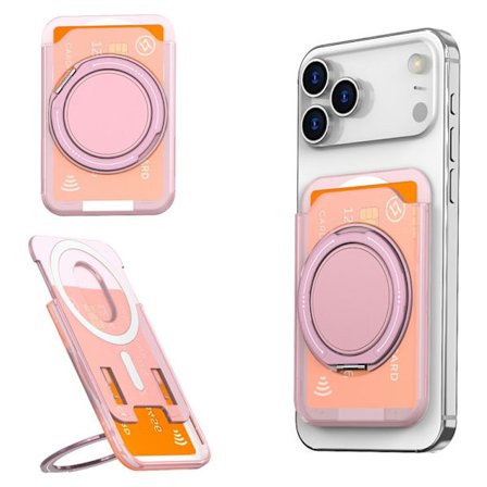 Magnetic Card Holder for Mobile Phone with Ring Stand - Transparent Pink