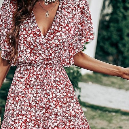 Dam Vår Sommar V-ringad Volangärm Röd Swing Hög Midja Tryck Kort Klänning S-xl