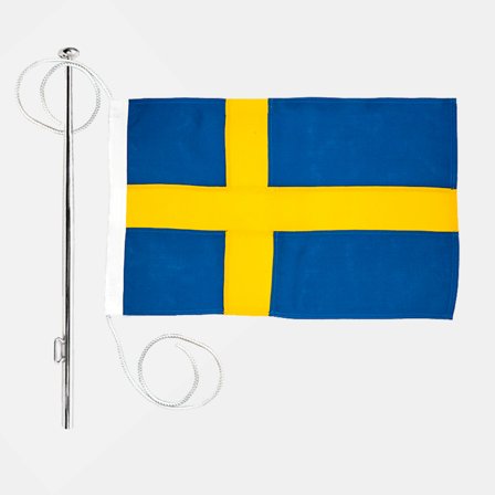 Flag set with ensign Adela Royal, Sweden, cotton-like polyester (230 g / m²), 120 x 75 cm + flagstaff Ø25 mm, 120 cm in stainless steel