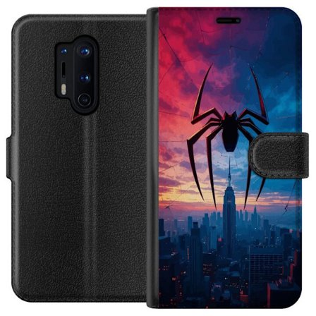 Kompatibelt Plånboksfodral till OnePlus OnePlus 8 Pro Stiliserad spindel över stadssilhuett i dramatisk solnedgång, grafisk fantasyillustration med