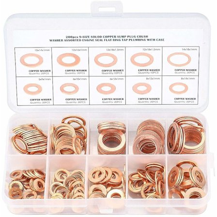 Kobber metallskiver, tetningsringpakninger, flate skiver, O-ring med eske for tetning - 200 stk/M5 M6 M8 M10 M12 M14