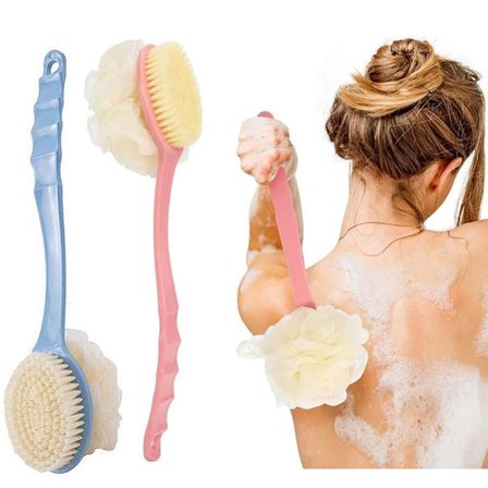2 stk. Badebørste med børstehår og loofahs - Kropsskrubber brusebørster med langt håndtag eksfolierende ryg