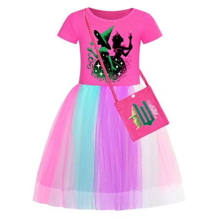 Piger Prinsesse Glinda Onde Kjoler Kortærmede Kjoler Børne Fødselsdagsfest Balkjole Med Taske Rosarød-B