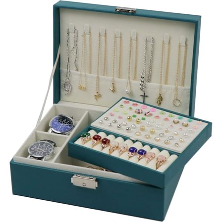 Korurasiat - 2-kerroksinen nahkainen korujen säilytysrasia lukolla, vihreä