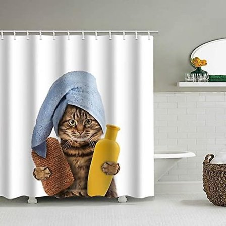 Duschdraperi 180 X 180cm, Blå Katt Tyg Duschdraperi Duschgardin Med 12 Krokar För Hem Hotell Maskintvättbar Gardin