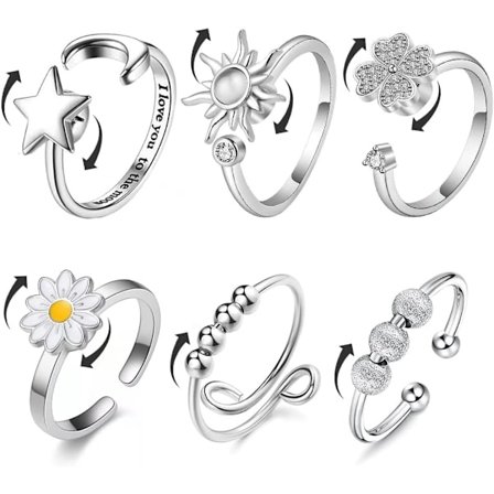 Angstdæmpende Fidget Ringe - Sæt med 6 Justerbare Stress Relief Ringe med Sol, Stjerne, Måne, Tusindfryd og Firkløver