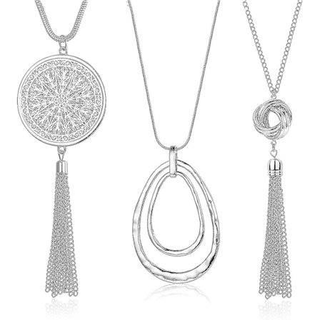 3st Långt hängande halsband kompatibelt med kvinnor Circle Knot Tofs Halsband Tröja Chain Statement Halsband Set