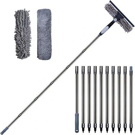 2-i-1 fönsterskrapa med teleskophandtag 4,5 m - Fönsterputsning för höga fönster, bil, dusch, inomhus & utomhus grå