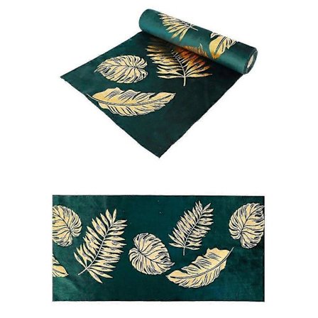 Bordløber i grøn velour med gyldne blade 28 cm x 3 m