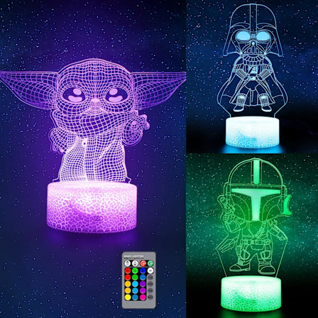 3D Illusion Natlys til Børn, LED Bordlampe med 3 Mønstre & 16 Farveskift Dekor Natlys, Baby Yoda/Darth Vader/Stormtrooper Legetøj