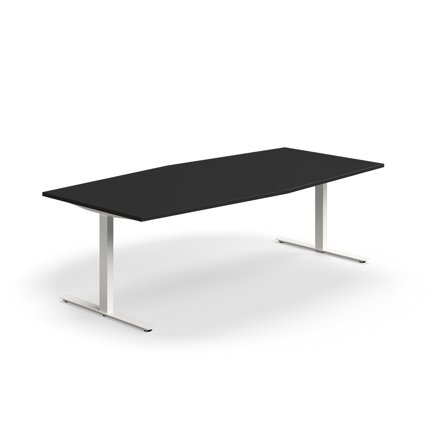 Konferenztisch QBUS, Bootsform, 2400x1200 mm, T-Gestell, weiß/schwarz