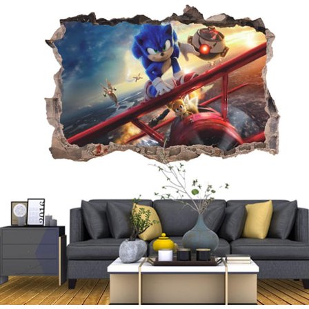 Väggdekal 3D-stil Sonic The Hedgehog Väggklistermärke Heminredning Väggkonst Vinyldekal Klistermärke för barnrum Vardagsrum (På planet (32 * 48 cm))