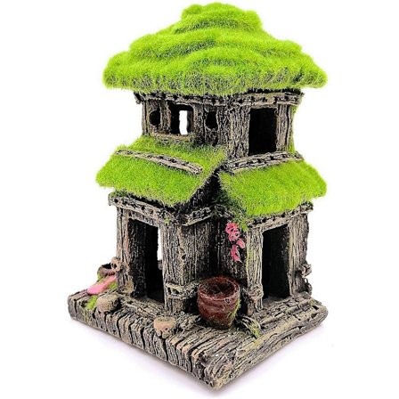 Akvariedekorationer Fiskgömställe Hus Betta Cave med grön naturtrogen mossa (Stil 3)