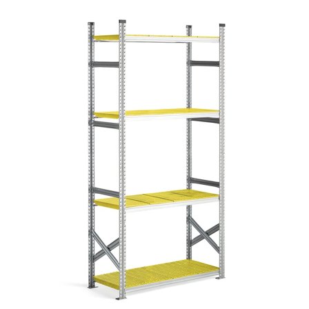 Reol grunnseksjon med gule plasthyller, 2500x1200x500 mm