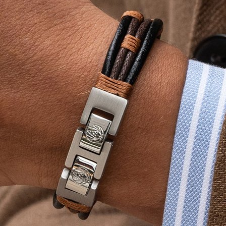 Brown & Black Leather Cord Icon Bracelet for Men - Leather bracelets