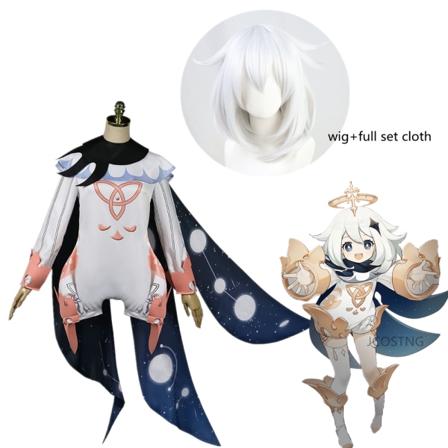 Mub- ecowalson Game Genshin Impact Tøj Paimon Cosplay Kostume til Kvinder Piger Halloween Fest Cosplay Uniform Fuld Sæt Kort Paryk wig and cloth XL