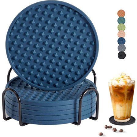 Drikke brikker sæt med 6 stk. med holder, silikone brikker bordbeskytter til enhver bordtype, brikker, til boligindretning og bryllupsgaver, mørkeblå