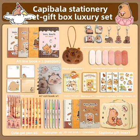 Sött Presentkit med Skrivmaterial med Kapybara - Mjuka Pennor, Anteckningsbok, Pennfodral & Tillbehör med Bedårande Djurtema Design, Slitstarkt 