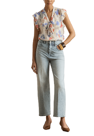 Lauren Ralph Floral Pintucked Tie-Neck Blouse Skjortor Dam Vit XS