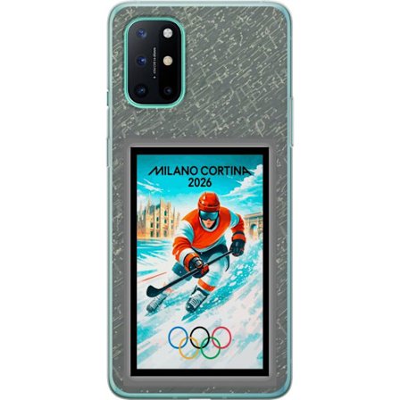 Yhteensopiva Puhelinkuori OnePlus 8T Curlingkuvitus pelaajilla ja kivillä jäällä, Milano Cortina 2026, lumisia roiskeita ja olympiasormukset