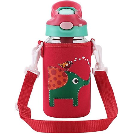 Vattenflaska för barn med sugrör, 350 ml bärbar tecknad nappflaska med snodd