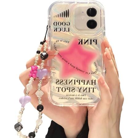 IC-fodral för iPhone 12 Pro Max med telefonberlock/kedja, glittrande rosa stjärnmönster Klar söt telefonfodral med pärla