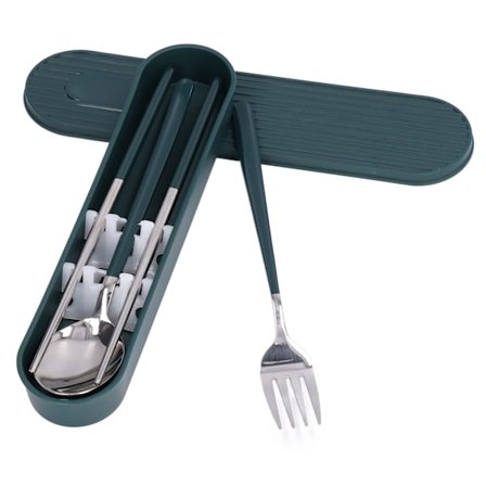 304 Rustfrit Stål Gaffel Ske Spisepinde Sæt Bestik Genanvendeligt Bestiksæt til Studerende Kontorarbejdere Grøn Sølv