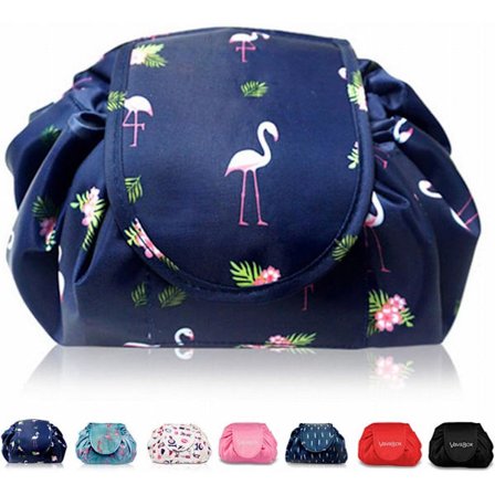 Smart makeup-taske med snøre, vandtæt rejse-kosmetiktaske med stor kapacitet (marineblå flamingo) Navy Flamingo