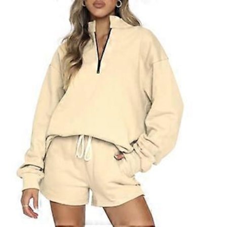 Dam 2-delade träningsdräkter Set Casual Oversized Dragkedja Långärmad Huvtröjor Sweatshirt Topp och Shorts Lounge Set aprikos M(M aprikos)