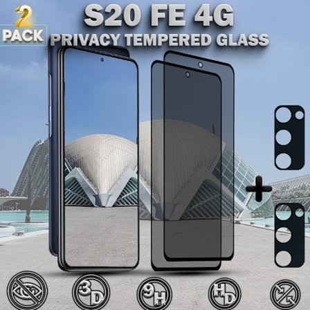 2-Pack Privacy SAMSUNG S20 FE 4G Skärmskydd & 2-Pack linsskydd - Härdat Glas 9H - Super kvalitet 3D