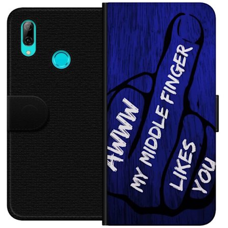 Kompatibelt Lommeboketui til Huawei P smart 2019 Mørk typografisk illustrasjon med hjerteform og budskap om vennskap mot dyp blå tretekstur