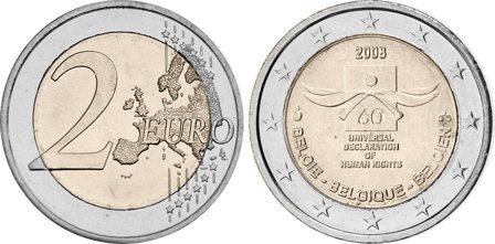 Belgien 2008 - 60 år for Verdenserklæringen om menneskerettighederne - 2 euro mønt