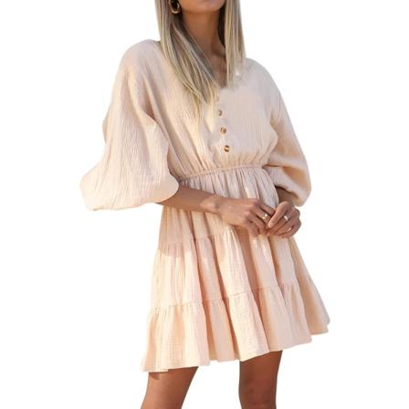 ivimos Dam Sommar Linne Puffärmar Casual Knäppning A-Linje Casual Skater Miniklänningar Beige Liten