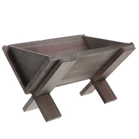 Krybbe i tre, julekrybbe, håndverk for julebord, rekvisitter med Jesusbarn i krybbe for kirkedekorasjoner (LGL)