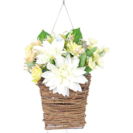 Hängande korg med konstgjorda blommor 9,8 x 13,8 tum, realistisk dörrkrans, rustik stil, hängande korg för bröllop, verandadekoration, vit krans