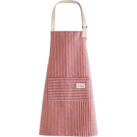 Rød stripet kokkeforkle, justerbart forkle med lommer, bomull og lin