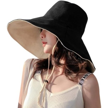 Dam 5,5" Bred Brätte UV-skydd Solhatt Reversibel Bomull Utomhus Hink Hattar med Hakrem Avtagbar, Svart